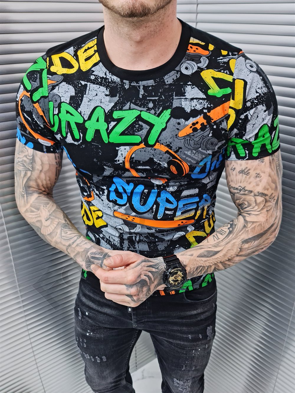 Ανδρικό T-shirt με χρωματιστές επιγραφές Crazy-μαύρο-κωδ 781-1 - Image 2