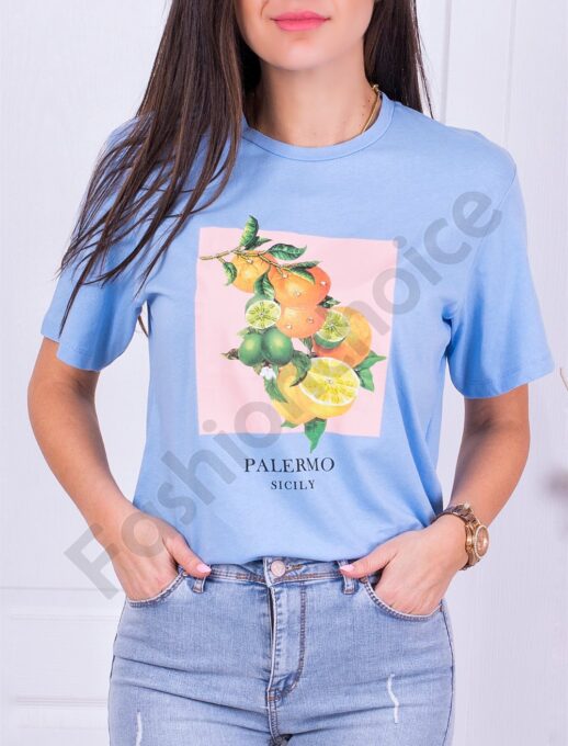 T-shirt με τύπωμα και στρας-μπλε-κωδ 49-3