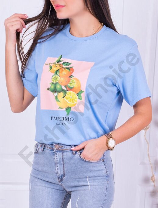 T-shirt με τύπωμα και στρας-μπλε-κωδ 49-3