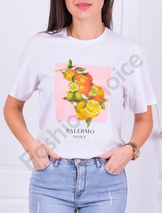T-shirt με τύπωμα και στρας-λευκό-κωδ 49-2