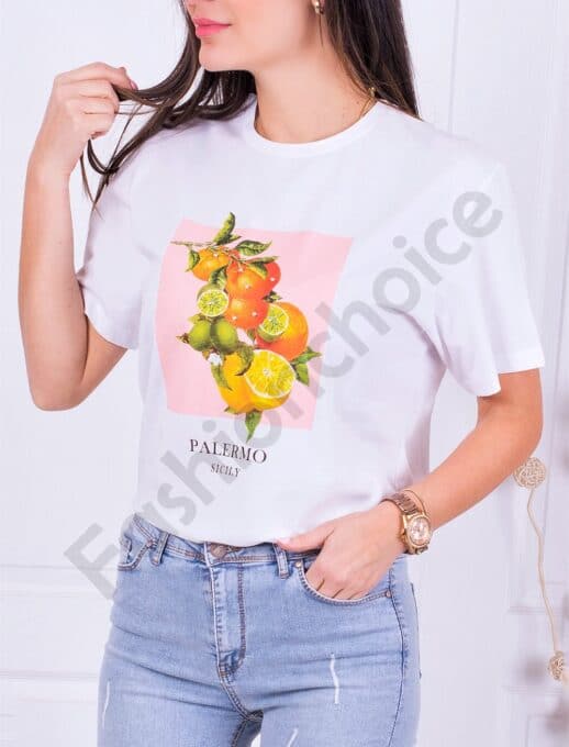 T-shirt με τύπωμα και στρας-λευκό-κωδ 49-2