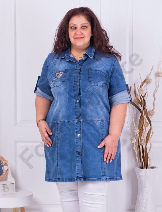 Plus size τζιν πουκάμισο/τουνίκ με απλικέ-ροζ τριαντάφυλλα-κωδ 7770-1