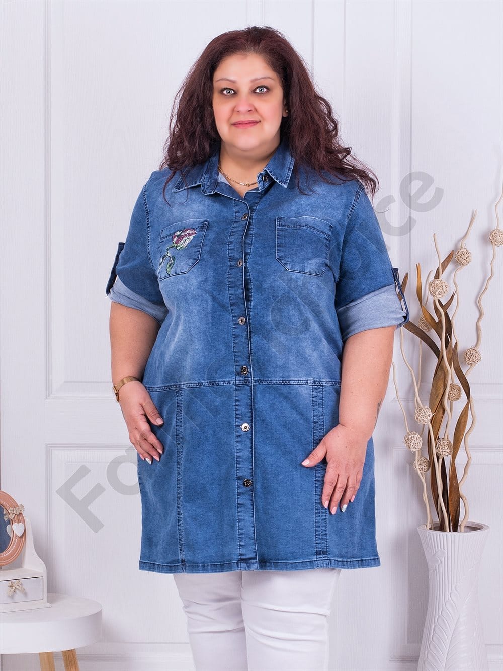 Plus size τζιν πουκάμισο/τουνίκ με απλικέ-ροζ τριαντάφυλλα-κωδ 7770-1