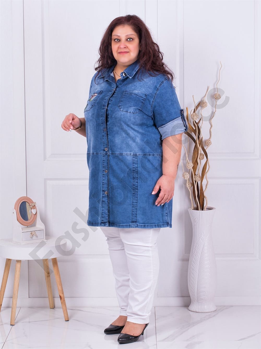 Plus size τζιν πουκάμισο/τουνίκ με απλικέ-ροζ τριαντάφυλλα-κωδ 7770-1