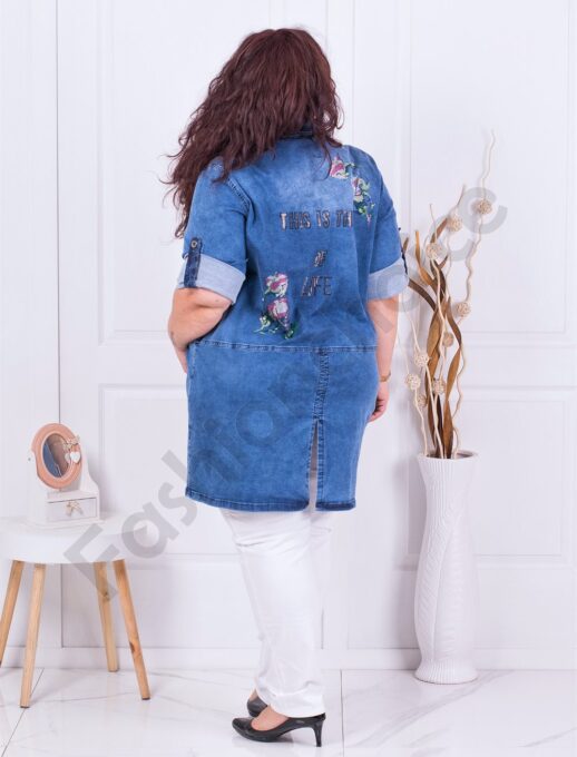 Plus size τζιν πουκάμισο/τουνίκ με απλικέ-ροζ τριαντάφυλλα-κωδ 7770-1