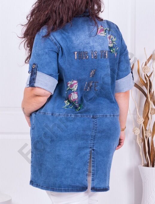 Plus size τζιν πουκάμισο/τουνίκ με απλικέ-ροζ τριαντάφυλλα-κωδ 7770-1