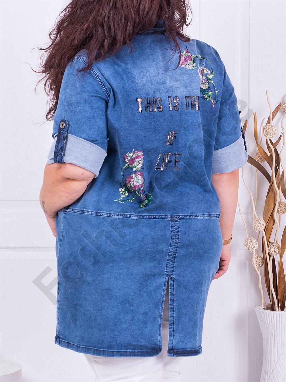 Plus size τζιν πουκάμισο/τουνίκ με απλικέ-ροζ τριαντάφυλλα-κωδ 7770-1