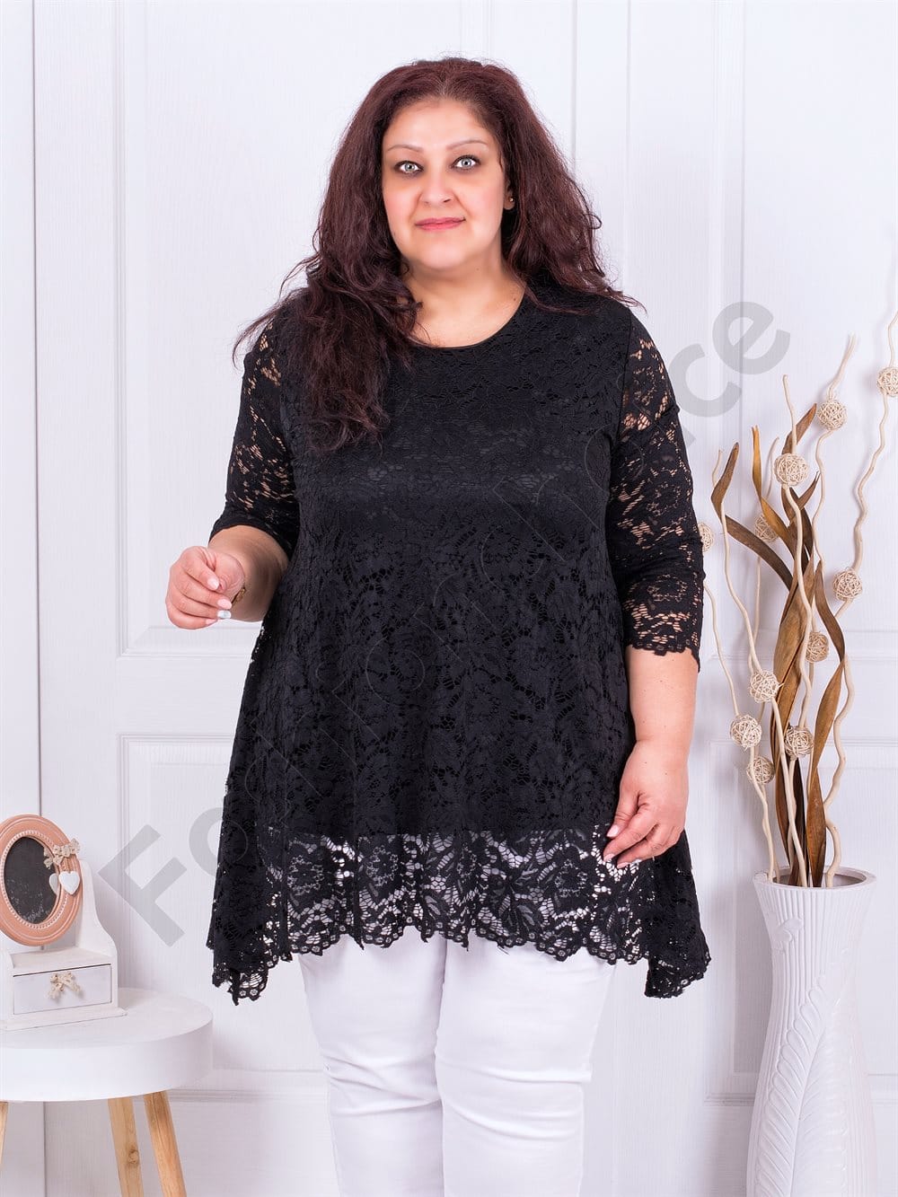 Plus size κομψή δαντελένια τουνίκ-μαύρο-κωδ 790