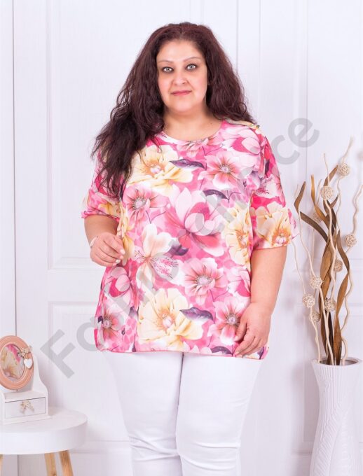 Plus size κομψή μπλούζα σιφόν με φλοράλ ντεσέν-ροζ-κωδ 057-1