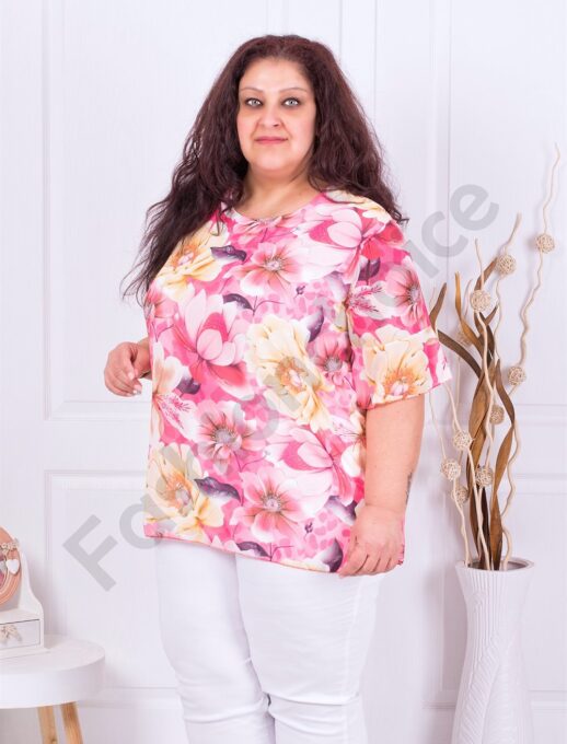 Plus size κομψή μπλούζα σιφόν με φλοράλ ντεσέν-ροζ-κωδ 057-1