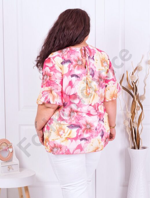 Plus size κομψή μπλούζα σιφόν με φλοράλ ντεσέν-ροζ-κωδ 057-1