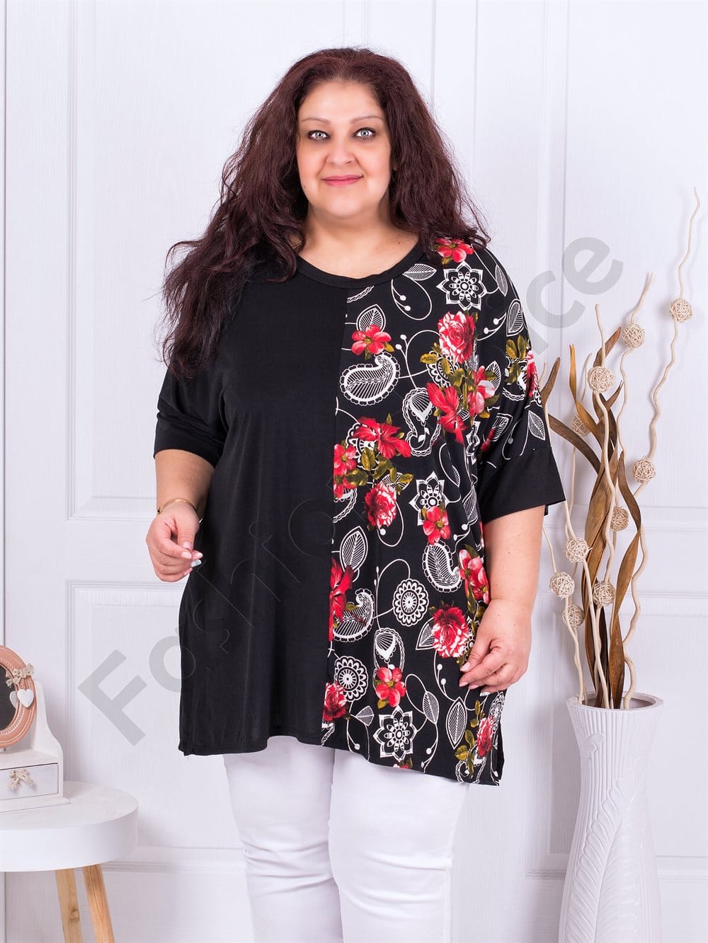 Plus size τουνίκ με στάμπα κόκκινα λουλούδια-κωδ 783