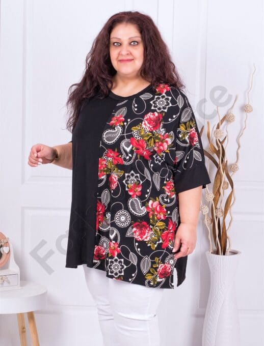 Plus size τουνίκ με στάμπα κόκκινα λουλούδια-κωδ 783
