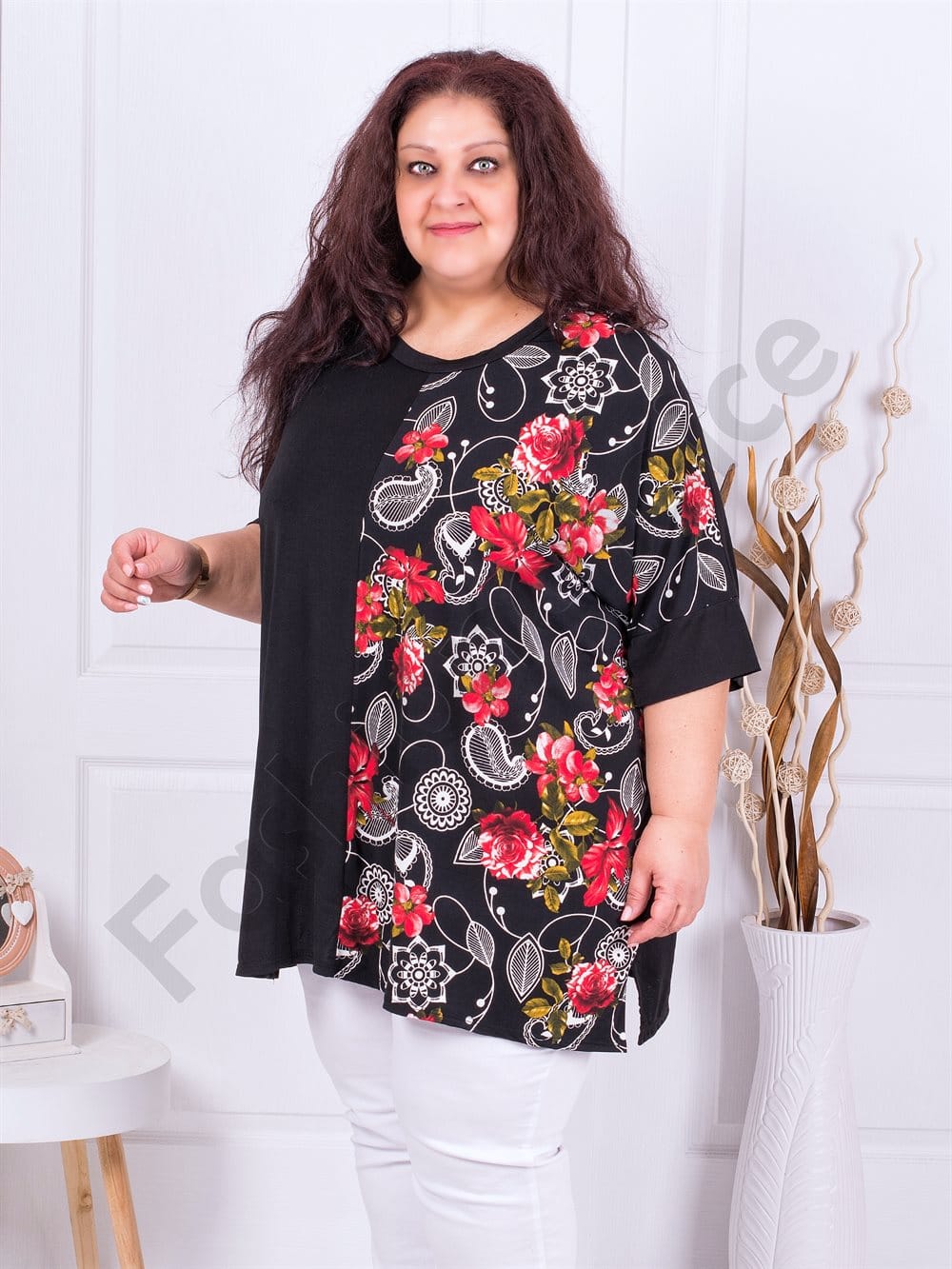 Plus size τουνίκ με στάμπα κόκκινα λουλούδια-κωδ 783