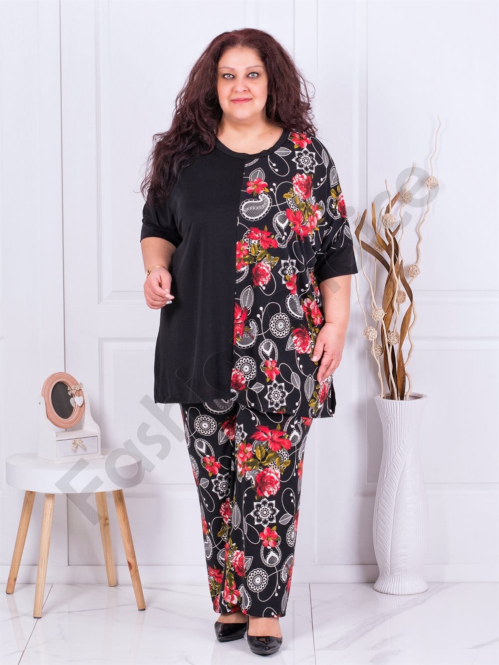 Plus size τουνίκ με στάμπα κόκκινα λουλούδια-κωδ 783