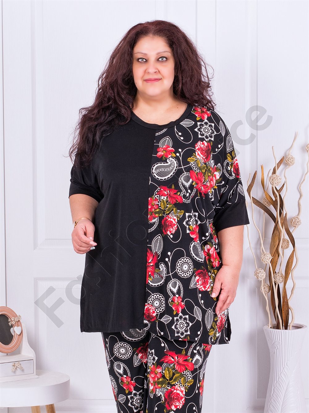 Plus size τουνίκ με στάμπα κόκκινα λουλούδια-κωδ 783
