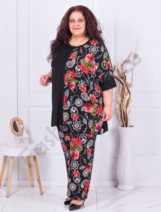 Plus size τουνίκ με στάμπα κόκκινα λουλούδια-κωδ 783