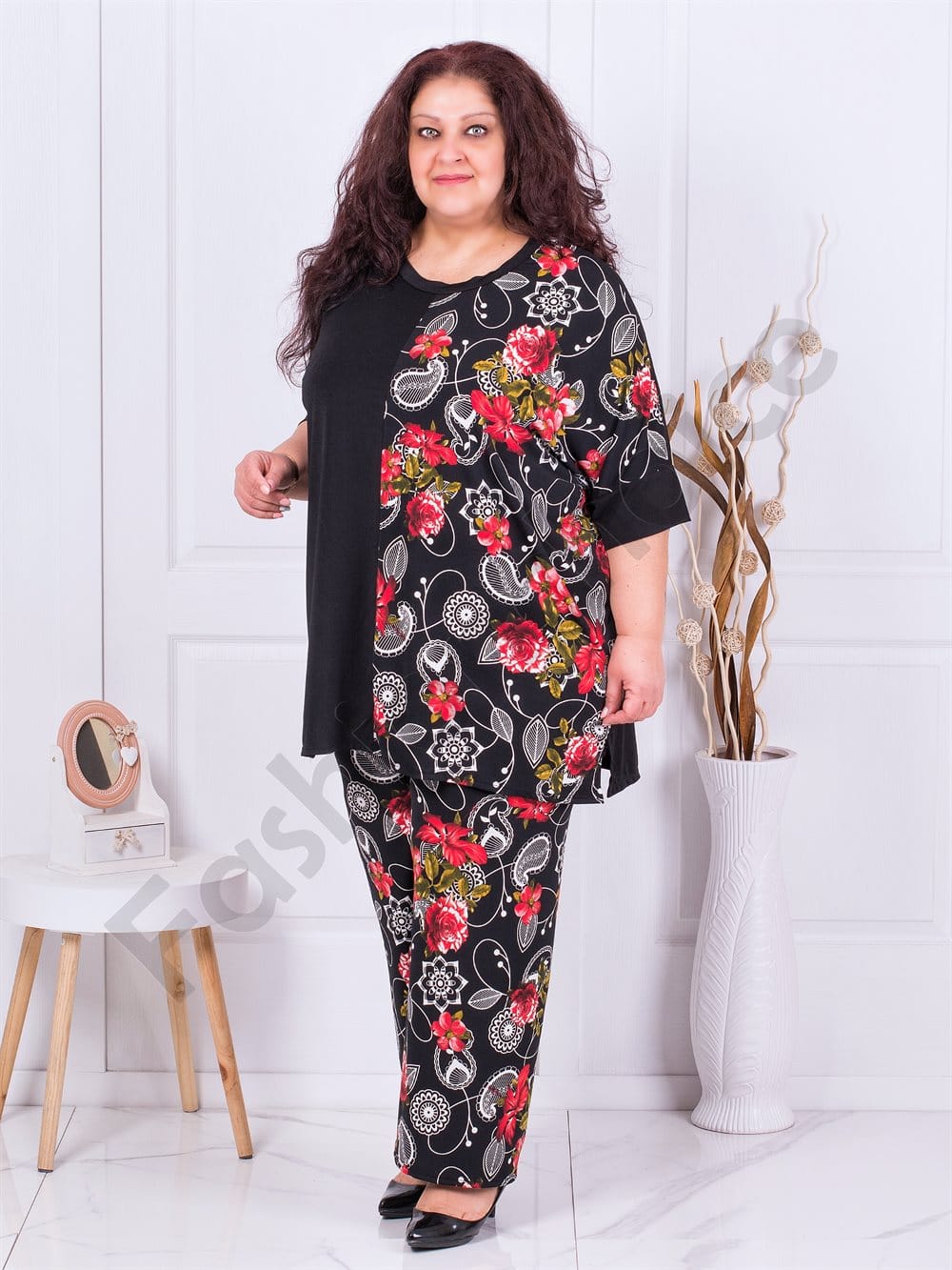 Plus size τουνίκ με στάμπα κόκκινα λουλούδια-κωδ 783
