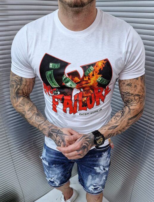 Ανδρικό T-shirt με επιγραφή και στάμπα δολάρια-λευκό-κωδ 9514