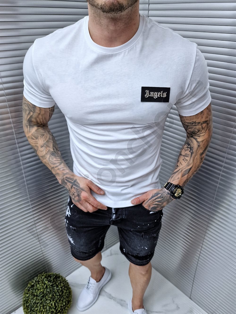 Ανδρικό T-shirt με μεταλλική επιγραφή Angels-λευκό-κωδ 5037-2