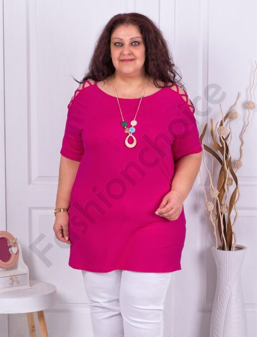 Plus size τουνίκ με άνοιγμα στους ώμους και κολιέ-ροζ-κωδ 787-2