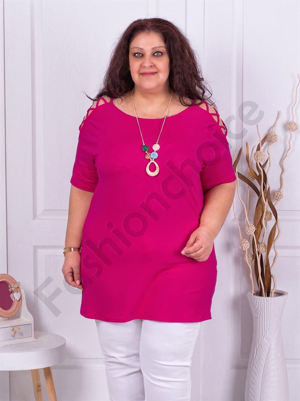 Plus size τουνίκ με άνοιγμα στους ώμους και κολιέ-ροζ-κωδ 787-2