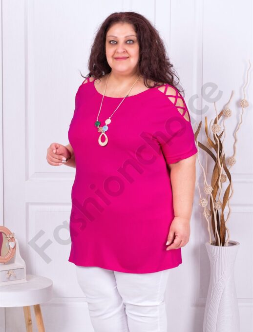 Plus size τουνίκ με άνοιγμα στους ώμους και κολιέ-ροζ-κωδ 787-2