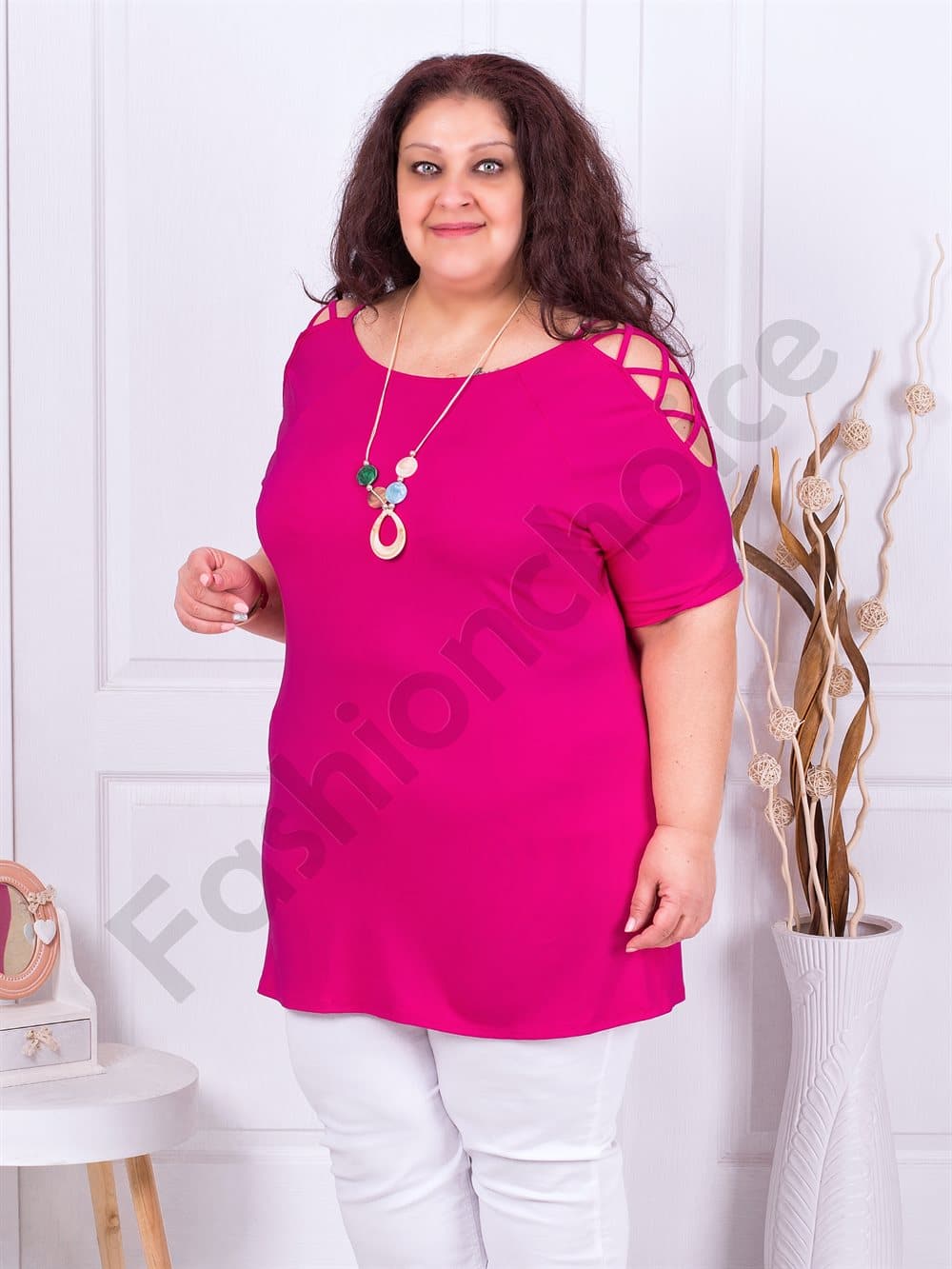 Plus size τουνίκ με άνοιγμα στους ώμους και κολιέ-ροζ-κωδ 787-2