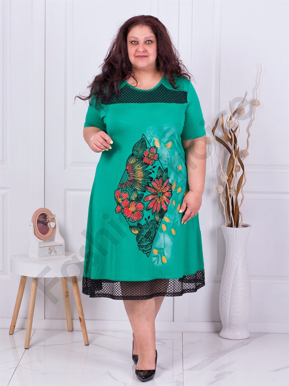 Plus size φόρεμα με απλικέ λουλούδια-πράσινο-κωδ 16276-2
