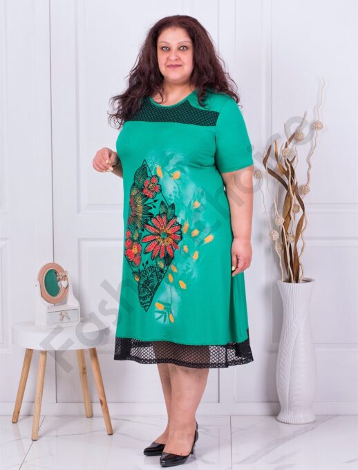Plus size φόρεμα με απλικέ λουλούδια-πράσινο-κωδ 16276-2