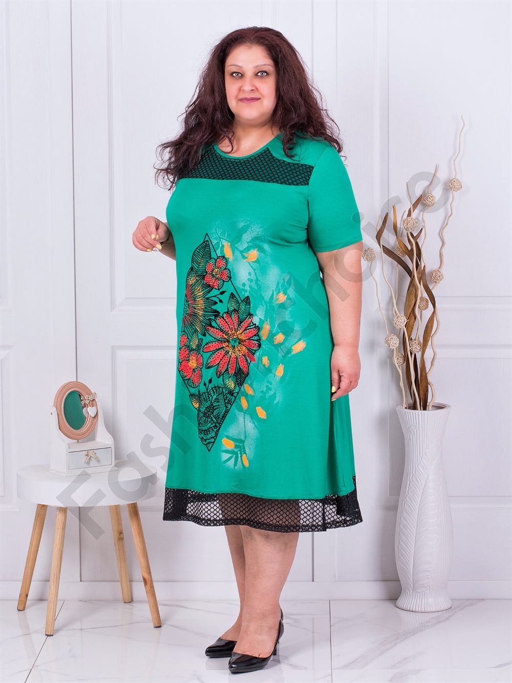 Plus size φόρεμα με απλικέ λουλούδια-πράσινο-κωδ 16276-2