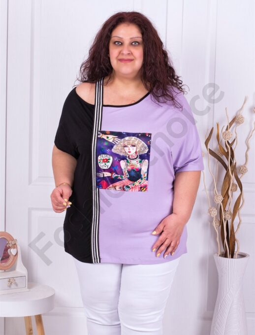 Plus size έξωμη μπλούζα με τύπωμα-μαύρο/λιλά-κωδ 1288