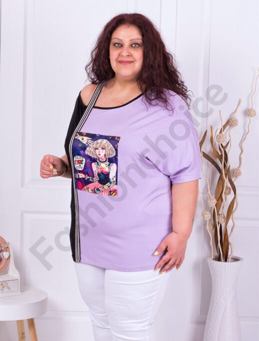 Plus size έξωμη μπλούζα με τύπωμα-μαύρο/λιλά-κωδ 1288