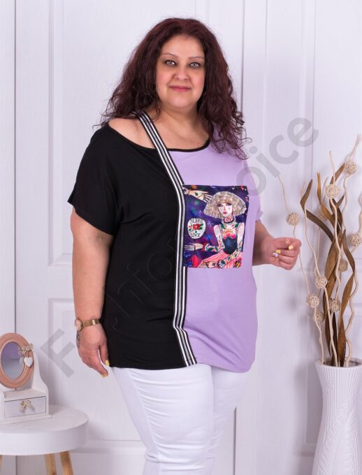 Plus size έξωμη μπλούζα με τύπωμα-μαύρο/λιλά-κωδ 1288