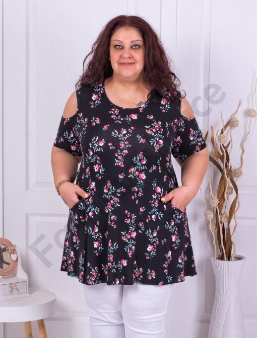 Plus size μπλούζα με άνοιγμα στους ώμους-λουλούδια-κωδ 22009-2
