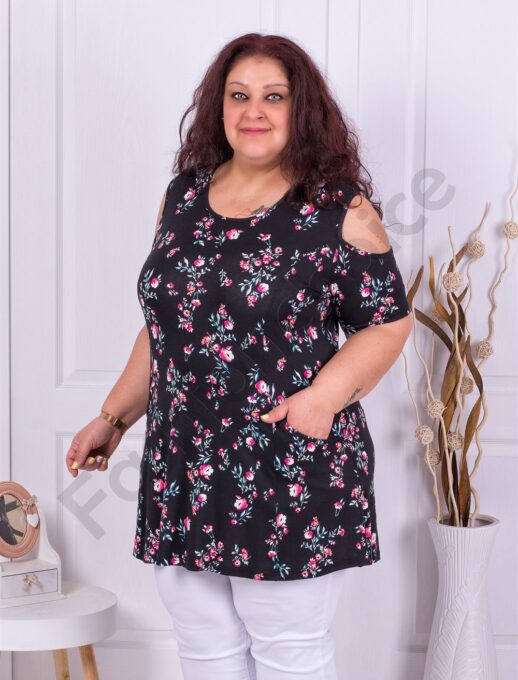 Plus size μπλούζα με άνοιγμα στους ώμους-λουλούδια-κωδ 22009-2