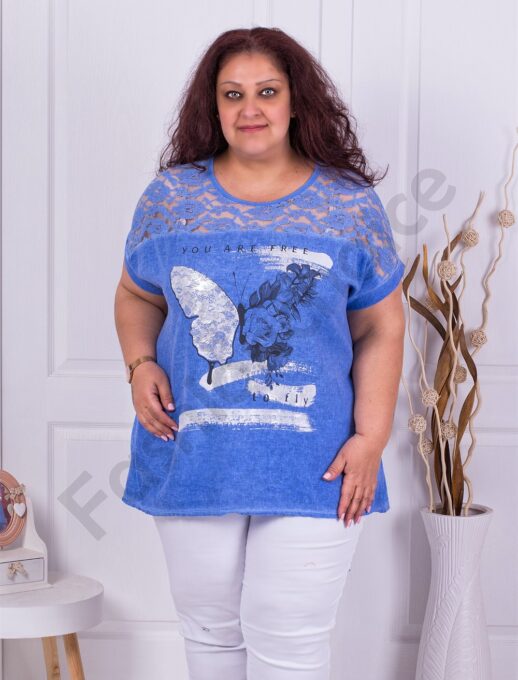 Plus size μπλούζα με απλικέ και δαντέλα στους ώμους-μπλε-κωδ 7525-1