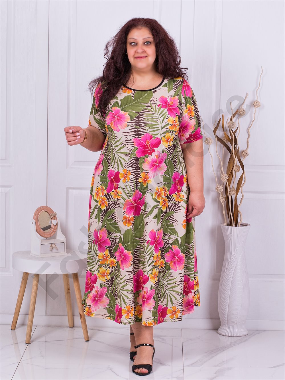 Plus size φόρεμα με ροζ λουλούδια-κωδ 22824-10 - Image 2