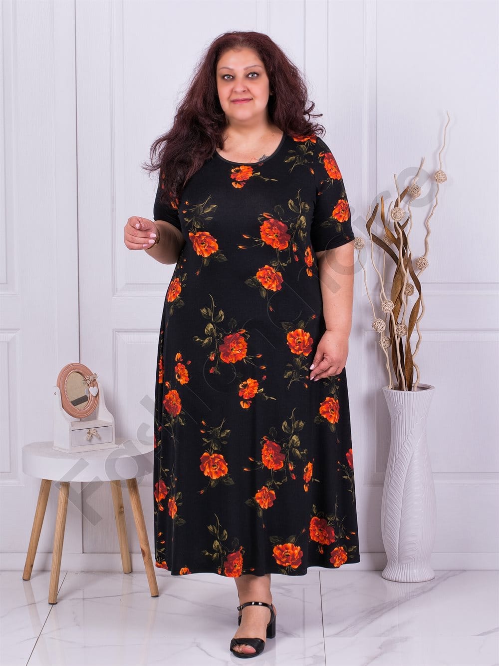 Plus size φόρεμα μαύρο με πορτοκάλι λουλούδια-κωδ 22824-13 - Image 2