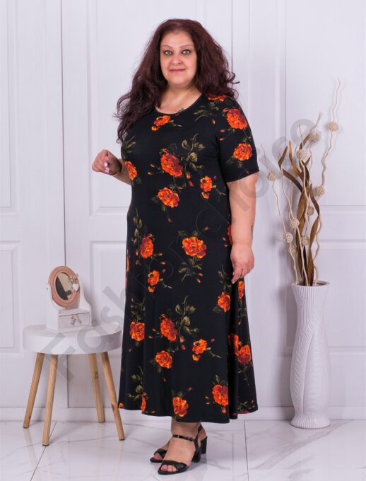 Plus size φόρεμα μαύρο με πορτοκάλι λουλούδια-κωδ 22824-13