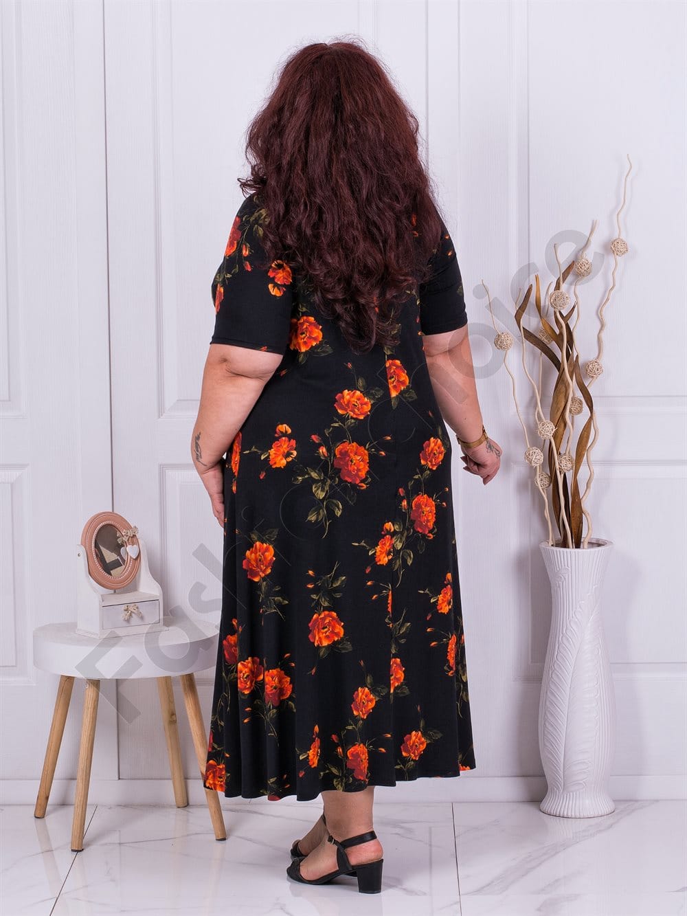 Plus size φόρεμα μαύρο με πορτοκάλι λουλούδια-κωδ 22824-13 - Image 3