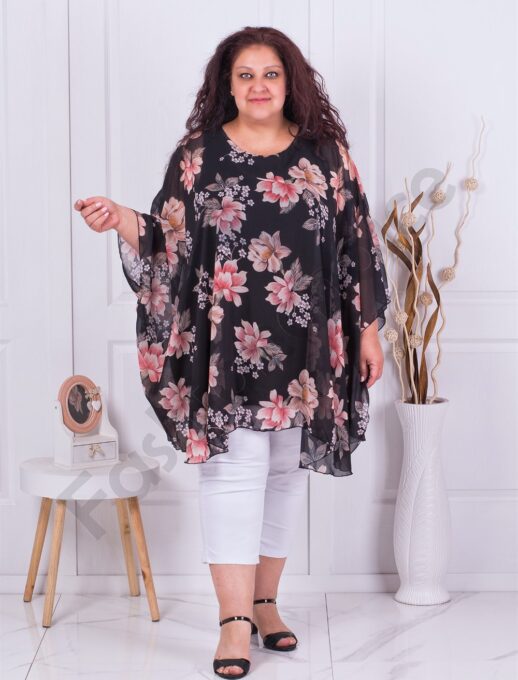 Plus size σιφόν πόντσο με φλοράλ ντεσέν-μαύρο-κωδ 5021-7