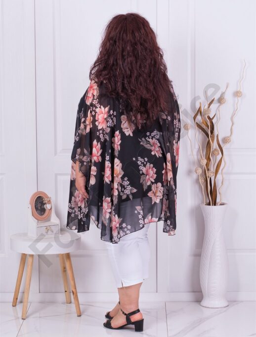 Plus size σιφόν πόντσο με φλοράλ ντεσέν-μαύρο-κωδ 5021-7