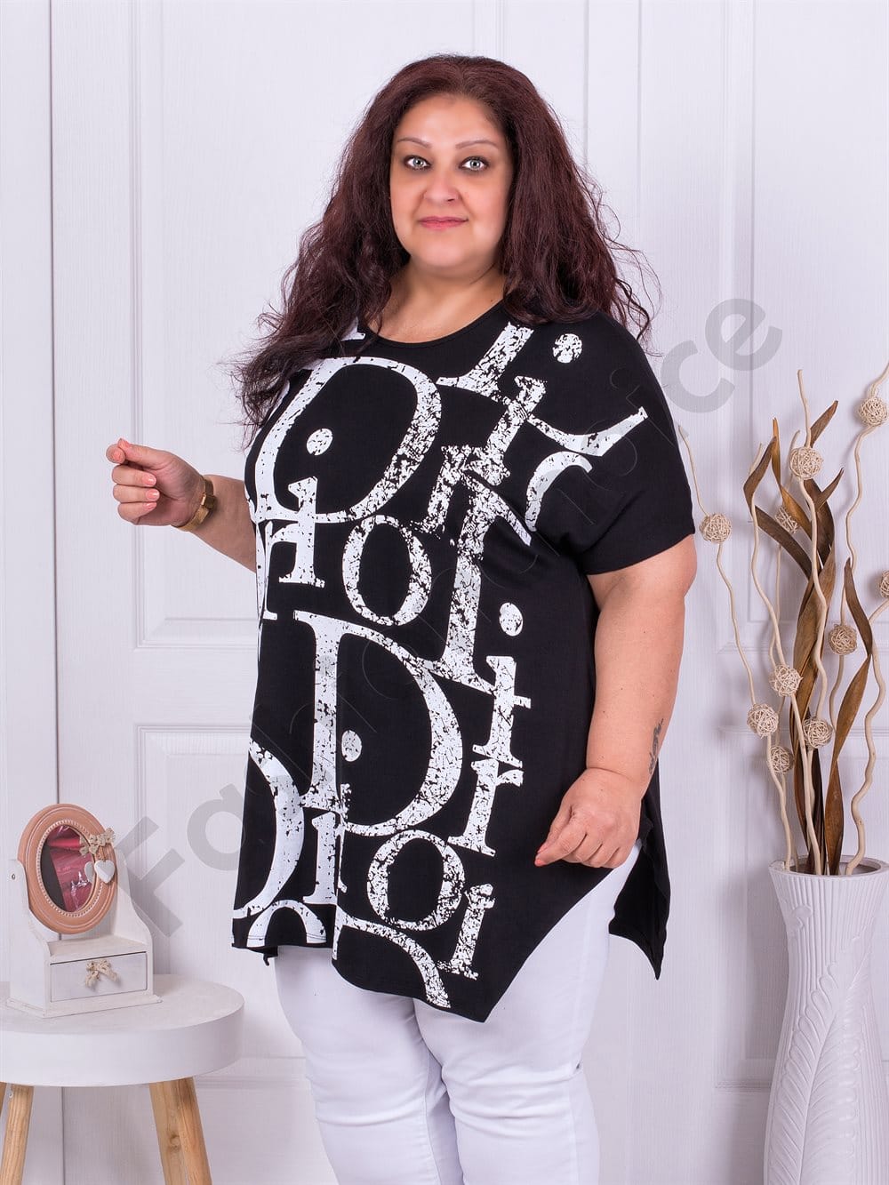 Plus size τουνίκ σε μαύρο με λευκά τύπωμα-κωδ 9218