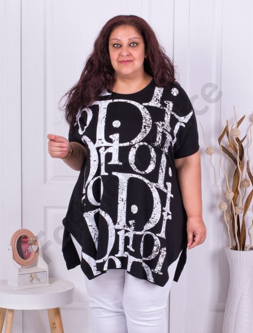 Plus size τουνίκ σε μαύρο με λευκά τύπωμα-κωδ 9218