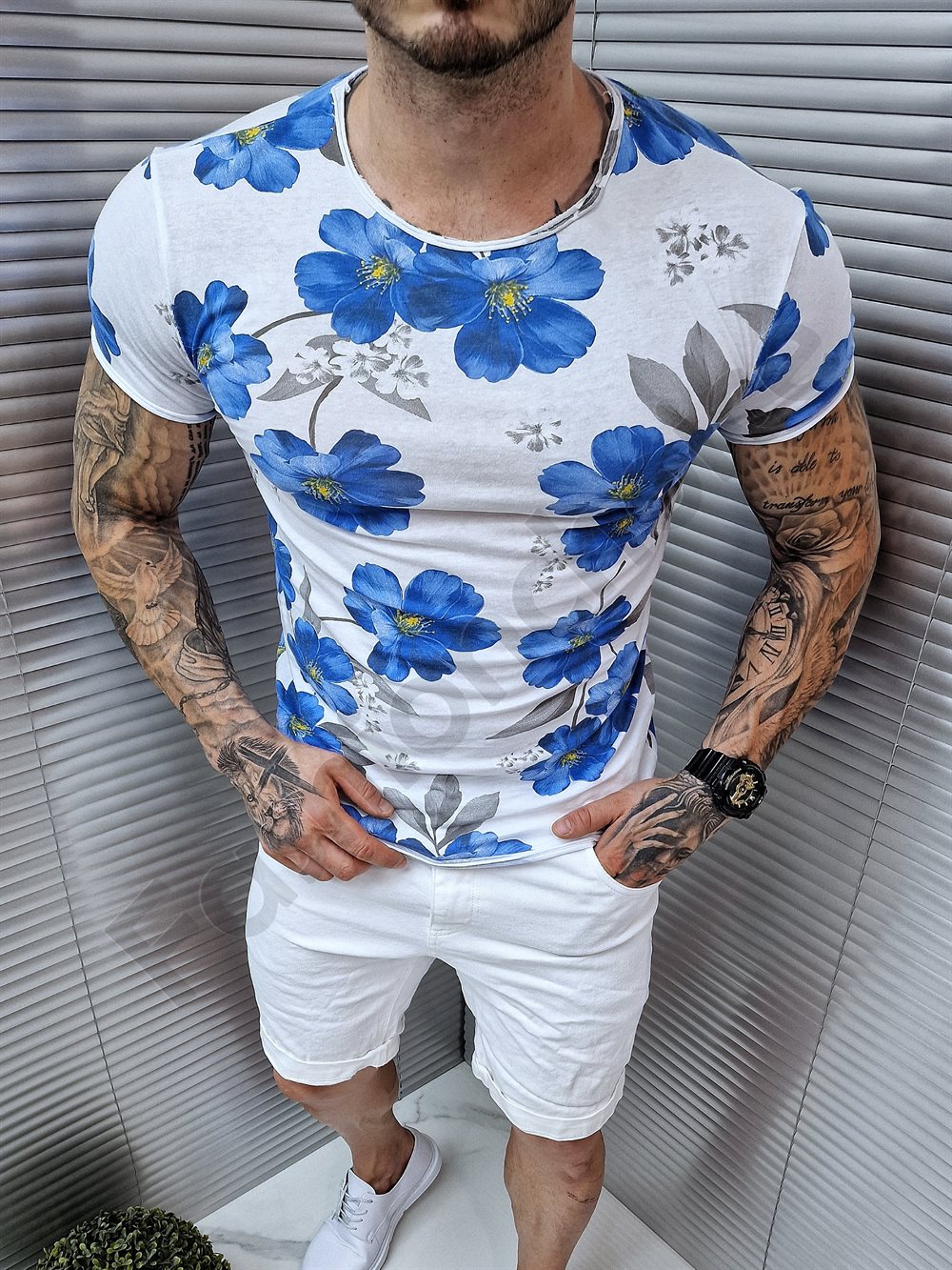 Ανδρικό T-shirt με μπλε λουλούδια-λευκό-κωδ 0302