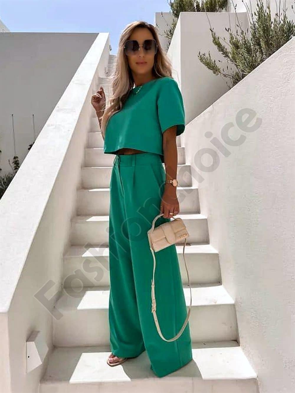 Γυναικείο σετ T-shirt και παντελόνι-πράσινο-κωδ 12287 - Image 4