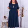 Plus size μονόχρωμο φόρεμα-σκούρο μπλε με δώρο κολιέ-κωδ 236085-1