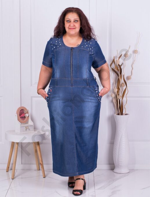Plus size τζιν φόρεμα με διακόσμηση πέρλες-κωδ 159