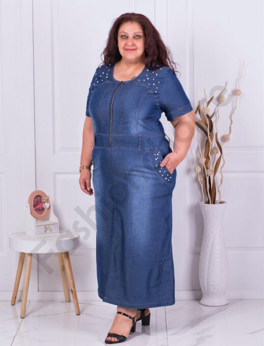 Plus size τζιν φόρεμα με διακόσμηση πέρλες-κωδ 159